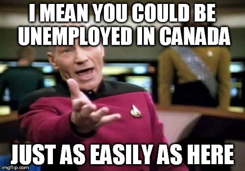 Picard Wtf Meme | I MEAN YOU COULD BE UNEMPLOYED IN CANADA JUST AS EASILY AS HERE | image tagged in memes,picard wtf | made w/ Imgflip meme maker