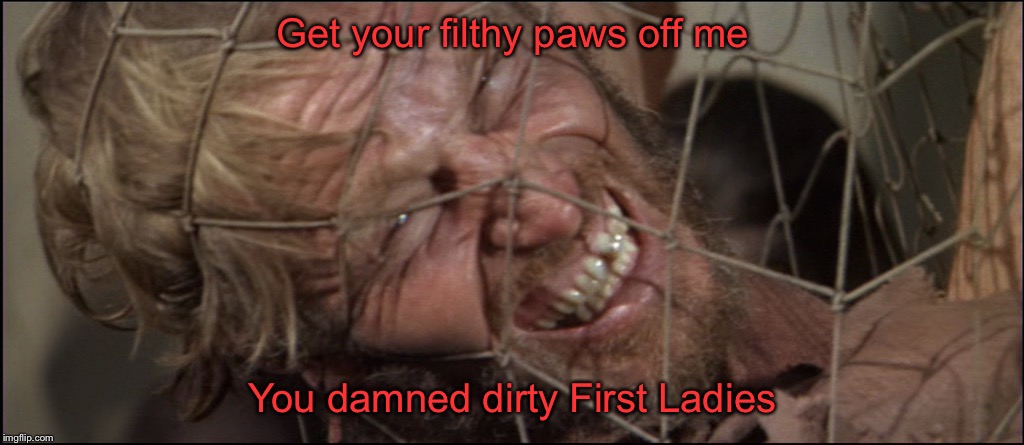 Get your filthy paws off me; You damned dirty First Ladies | image tagged in heston,ape in heels,planet of the apes | made w/ Imgflip meme maker