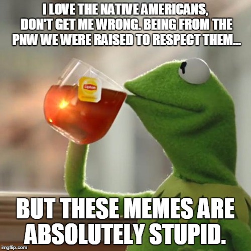 But That's None Of My Business Meme | I LOVE THE NATIVE AMERICANS, DON'T GET ME WRONG. BEING FROM THE PNW WE WERE RAISED TO RESPECT THEM... BUT THESE MEMES ARE ABSOLUTELY STUPID. | image tagged in memes,but thats none of my business,kermit the frog | made w/ Imgflip meme maker