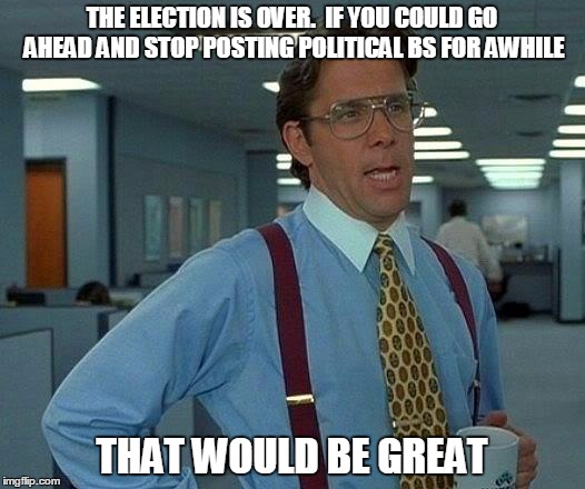 That Would Be Great | THE ELECTION IS OVER.  IF YOU COULD GO AHEAD AND STOP POSTING POLITICAL BS FOR AWHILE; THAT WOULD BE GREAT | image tagged in memes,that would be great | made w/ Imgflip meme maker