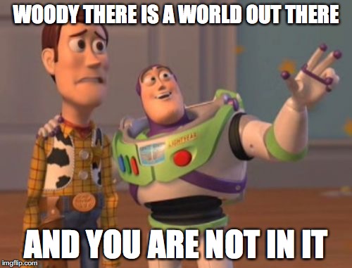 X, X Everywhere | WOODY THERE IS A WORLD OUT THERE; AND YOU ARE NOT IN IT | image tagged in memes,x x everywhere | made w/ Imgflip meme maker