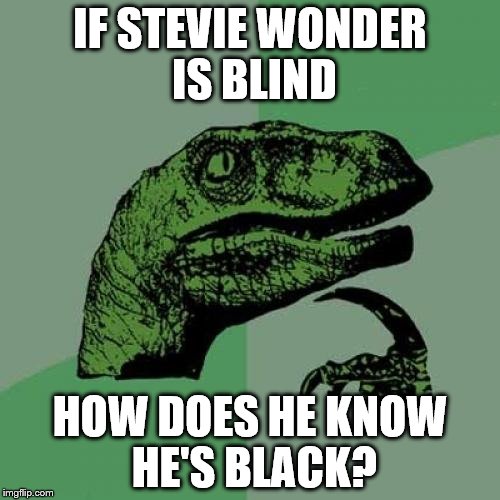 Philosoraptor Meme | IF STEVIE WONDER IS BLIND; HOW DOES HE KNOW HE'S BLACK? | image tagged in memes,philosoraptor | made w/ Imgflip meme maker