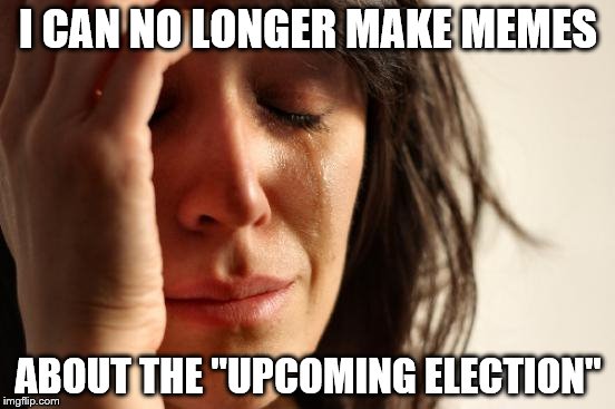 First World Problems | I CAN NO LONGER MAKE MEMES; ABOUT THE "UPCOMING ELECTION" | image tagged in memes,first world problems | made w/ Imgflip meme maker