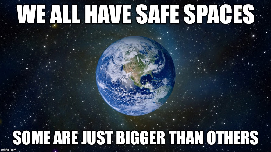 Safe spaces | WE ALL HAVE SAFE SPACES; SOME ARE JUST BIGGER THAN OTHERS | image tagged in earth,safety,pussy | made w/ Imgflip meme maker