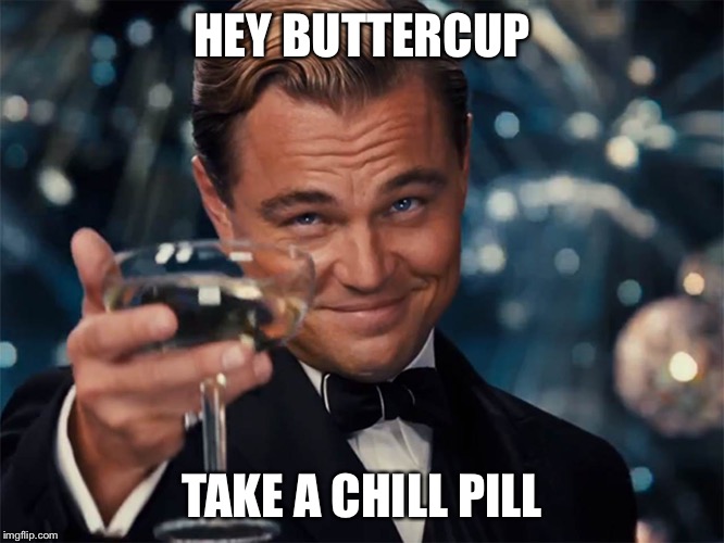 Leonard Decaprio Cheers (Large) | HEY BUTTERCUP; TAKE A CHILL PILL | image tagged in leonard decaprio cheers large | made w/ Imgflip meme maker