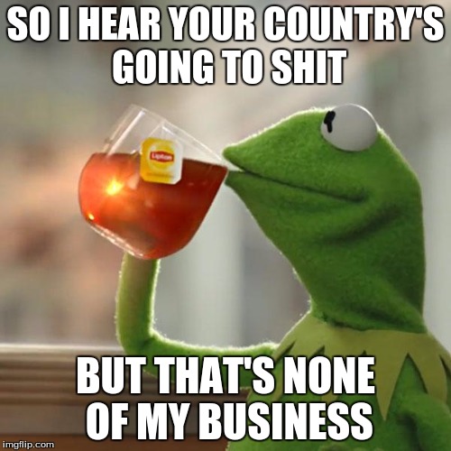 But That's None Of My Business Meme | SO I HEAR YOUR COUNTRY'S GOING TO SHIT; BUT THAT'S NONE OF MY BUSINESS | image tagged in memes,but thats none of my business,kermit the frog | made w/ Imgflip meme maker