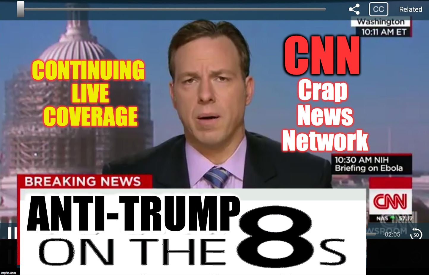 I can see this going on, every 8 minutes, for the next 4 years... But it's not that they're biased or anything like that | CNN; Crap News Network; CONTINUING LIVE COVERAGE; ANTI-TRUMP; MWMWMW; ANTI-TRUMP; XXXXXXXX | image tagged in cnn crazy news network | made w/ Imgflip meme maker