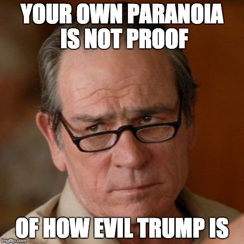 Tommy Lee Jones Are you serious | YOUR OWN PARANOIA IS NOT PROOF; OF HOW EVIL TRUMP IS | image tagged in tommy lee jones are you serious | made w/ Imgflip meme maker