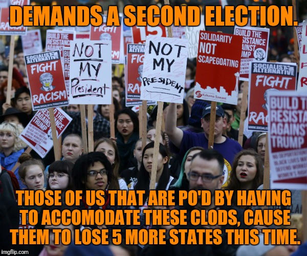 Bad Luck Protesters. | DEMANDS A SECOND ELECTION. THOSE OF US THAT ARE PO'D BY HAVING TO ACCOMODATE THESE CLODS, CAUSE THEM TO LOSE 5 MORE STATES THIS TIME. | image tagged in anti trump protest,retarded liberal protesters | made w/ Imgflip meme maker