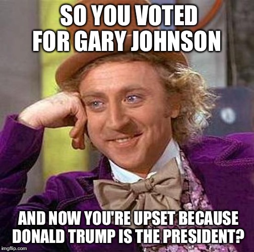 Creepy Condescending Wonka Meme | SO YOU VOTED FOR GARY JOHNSON; AND NOW YOU'RE UPSET BECAUSE DONALD TRUMP IS THE PRESIDENT? | image tagged in memes,creepy condescending wonka | made w/ Imgflip meme maker