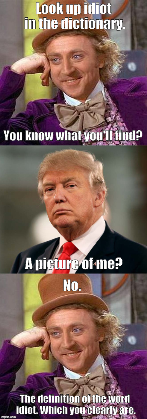 Look up idiot in the dictionary. You know what you'll find? A picture of me? No. The definition of the word idiot. Which you clearly are. | image tagged in willy,wonka,trump,dictionary,idiot,definition | made w/ Imgflip meme maker