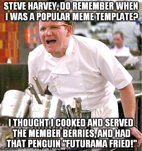 Chef Gordon Ramsay Meme | STEVE HARVEY, DO REMEMBER WHEN I WAS A POPULAR MEME TEMPLATE? I THOUGHT I COOKED AND SERVED THE MEMBER BERRIES, AND HAD THAT PENGUIN "FUTURAMA FRIED!" | image tagged in memes,chef gordon ramsay,save steve harvey,new memes,imgflip,meanwhile on imgflip | made w/ Imgflip meme maker