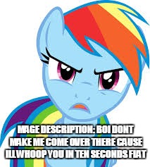 Angry Rainbow Dash | MAGE DESCRIPTION:
BOI DONT MAKE ME COME OVER THERE CAUSE ILL WHOOP YOU IN TEN SECONDS FLAT | image tagged in angry rainbow dash | made w/ Imgflip meme maker