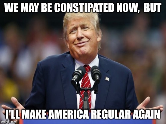 WE MAY BE CONSTIPATED NOW,  BUT I'LL MAKE AMERICA REGULAR AGAIN | made w/ Imgflip meme maker