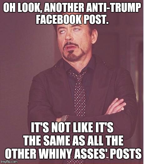 Face You Make Robert Downey Jr | OH LOOK, ANOTHER ANTI-TRUMP FACEBOOK POST. IT'S NOT LIKE IT'S THE SAME AS ALL THE OTHER WHINY ASSES' POSTS | image tagged in memes,face you make robert downey jr | made w/ Imgflip meme maker