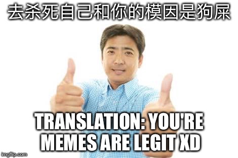 去杀死自己和你的模因是狗屎; TRANSLATION: YOU'RE MEMES ARE LEGIT XD | image tagged in bad luck brian,cake | made w/ Imgflip meme maker