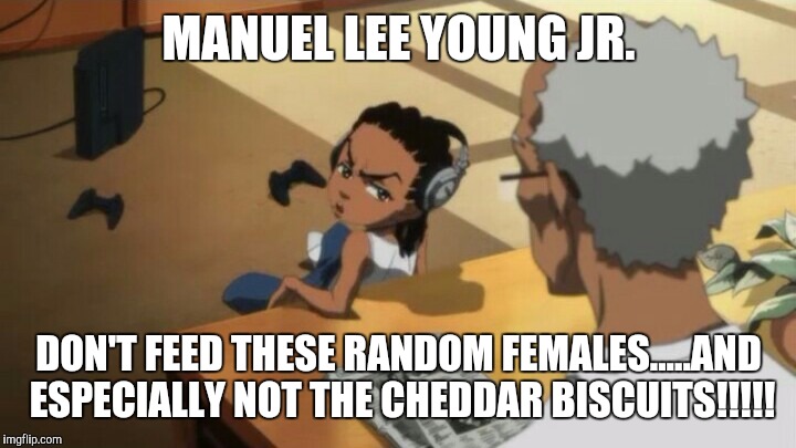 Boondocks Pause No Homo | MANUEL LEE YOUNG JR. DON'T FEED THESE RANDOM FEMALES.....AND ESPECIALLY NOT THE CHEDDAR BISCUITS!!!!! | image tagged in boondocks pause no homo | made w/ Imgflip meme maker