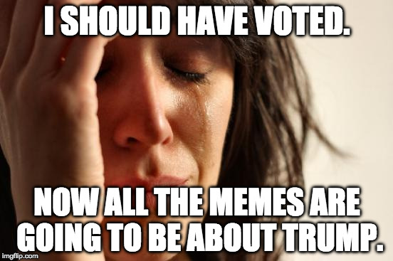 First World Problems | I SHOULD HAVE VOTED. NOW ALL THE MEMES ARE GOING TO BE ABOUT TRUMP. | image tagged in memes,first world problems | made w/ Imgflip meme maker