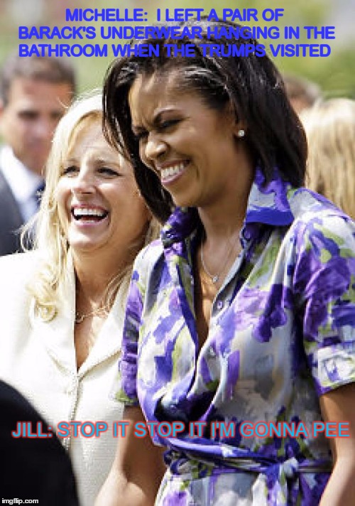 MICHELLE:  I LEFT A PAIR OF BARACK'S UNDERWEAR HANGING IN THE BATHROOM WHEN THE TRUMPS VISITED; JILL: STOP IT STOP IT I'M GONNA PEE | image tagged in jill and michele outside | made w/ Imgflip meme maker