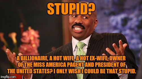Steve Harvey Meme | STUPID? A BILLIONAIRE, A HOT WIFE, A HOT EX-WIFE, OWNER OF THE MISS AMERICA PAGENT AND PRESIDENT OF THE UNITED STATES? I ONLY WISH I COULD B | image tagged in memes,steve harvey | made w/ Imgflip meme maker