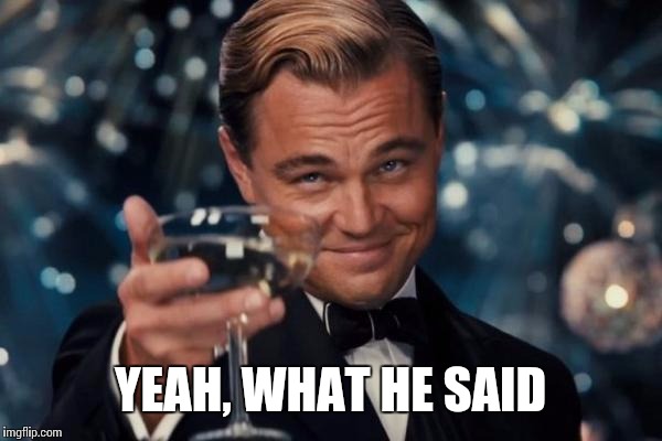 Leonardo Dicaprio Cheers Meme | YEAH, WHAT HE SAID | image tagged in memes,leonardo dicaprio cheers | made w/ Imgflip meme maker