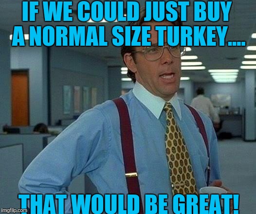 Why do we the biggest turkey on Thanksgiving? | IF WE COULD JUST BUY A NORMAL SIZE TURKEY.... THAT WOULD BE GREAT! | image tagged in memes,that would be great | made w/ Imgflip meme maker