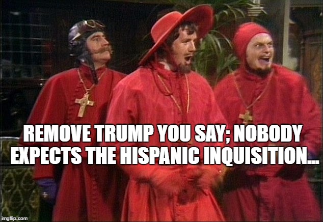 REMOVE TRUMP YOU SAY; NOBODY EXPECTS THE HISPANIC INQUISITION... | image tagged in donald trump,trump,america,nobody expects the spanish inquisition monty python,monty python | made w/ Imgflip meme maker