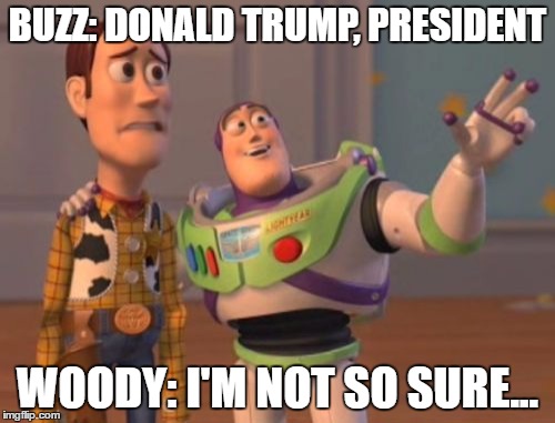 X, X Everywhere Meme | BUZZ: DONALD TRUMP, PRESIDENT; WOODY: I'M NOT SO SURE... | image tagged in memes,x x everywhere | made w/ Imgflip meme maker