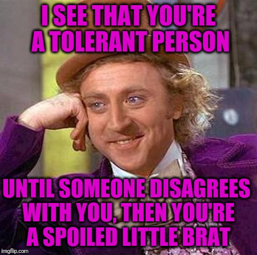 Creepy Condescending Wonka Meme | I SEE THAT YOU'RE A TOLERANT PERSON; UNTIL SOMEONE DISAGREES WITH YOU, THEN YOU'RE A SPOILED LITTLE BRAT | image tagged in memes,creepy condescending wonka | made w/ Imgflip meme maker