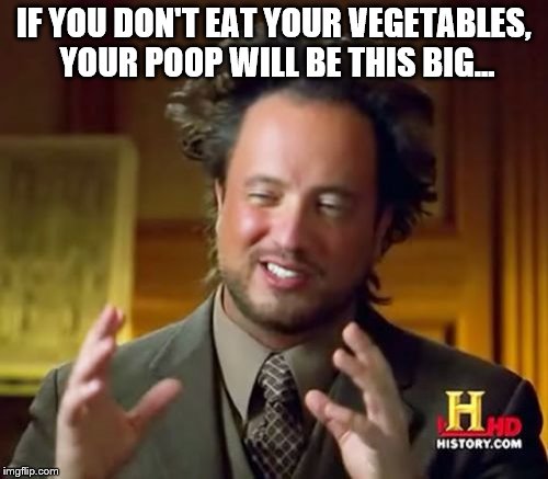 Fiber, people--it keeps your poop from being rock hard and the size of an alien head... | IF YOU DON'T EAT YOUR VEGETABLES, YOUR POOP WILL BE THIS BIG... | image tagged in funny memes,poop,big,turd,fat,eat | made w/ Imgflip meme maker