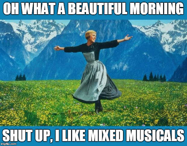 the sound of music happiness | OH WHAT A BEAUTIFUL MORNING; SHUT UP, I LIKE MIXED MUSICALS | image tagged in the sound of music happiness | made w/ Imgflip meme maker