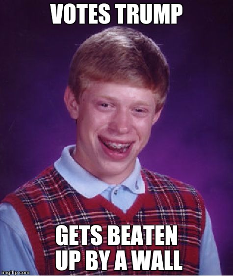 Bad Luck Brian | VOTES TRUMP; GETS BEATEN UP BY A WALL | image tagged in memes,bad luck brian | made w/ Imgflip meme maker