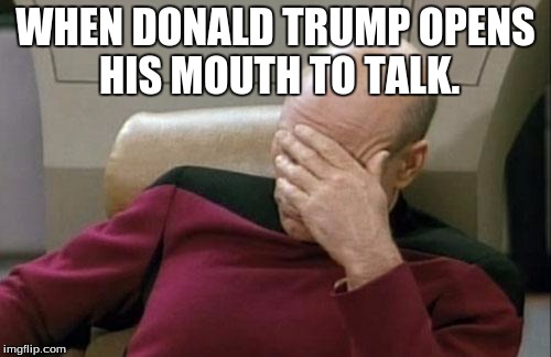 Captain Picard Facepalm Meme | WHEN DONALD TRUMP OPENS HIS MOUTH TO TALK. | image tagged in memes,captain picard facepalm | made w/ Imgflip meme maker