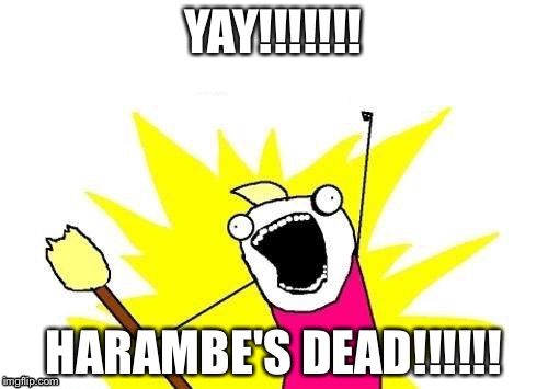 X All The Y Meme | YAY!!!!!!! HARAMBE'S DEAD!!!!!! | image tagged in memes,x all the y | made w/ Imgflip meme maker