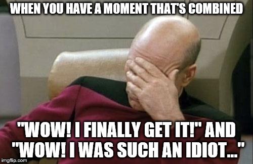 Such as when you finally understand single, double and triple bonds in Lewis structures in your chemistry class, for example. | WHEN YOU HAVE A MOMENT THAT'S COMBINED; "WOW! I FINALLY GET IT!" AND "WOW! I WAS SUCH AN IDIOT..." | image tagged in memes,captain picard facepalm,chemistry | made w/ Imgflip meme maker