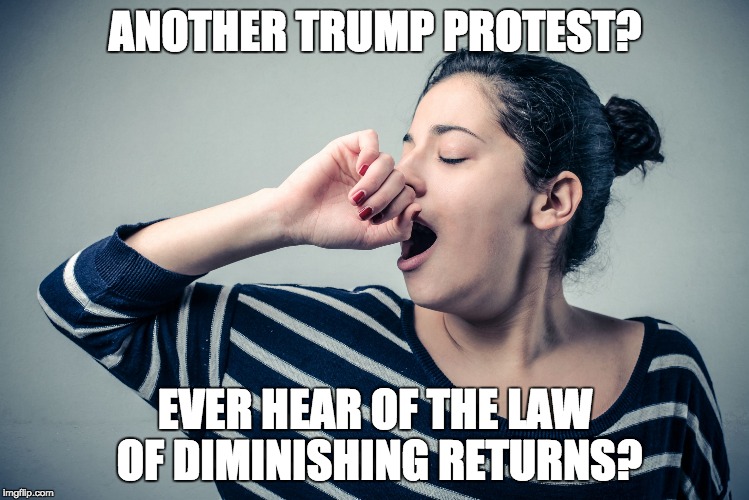 None of your little "protests" are going to produce anything . . . | ANOTHER TRUMP PROTEST? EVER HEAR OF THE LAW OF DIMINISHING RETURNS? | image tagged in yawn,protest | made w/ Imgflip meme maker