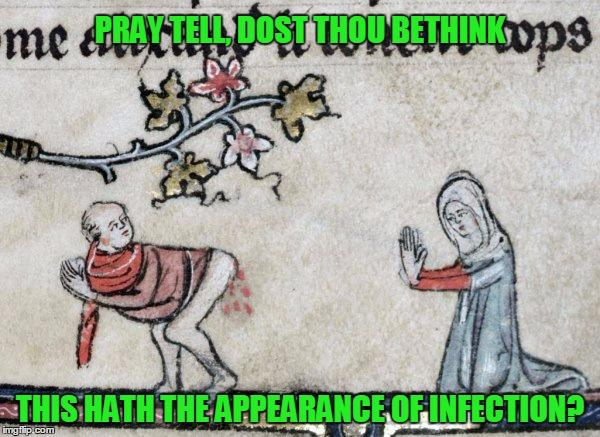 but dear sir, I am but a lowly maiden and not taught in the arts of medicine | PRAY TELL, DOST THOU BETHINK; THIS HATH THE APPEARANCE OF INFECTION? | image tagged in memes,medieval,medieval musings,medieval memes,historical meme | made w/ Imgflip meme maker