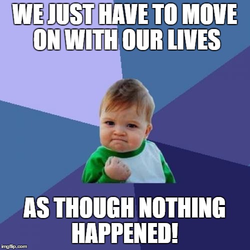Success Kid Meme | WE JUST HAVE TO MOVE ON WITH OUR LIVES AS THOUGH NOTHING HAPPENED! | image tagged in memes,success kid | made w/ Imgflip meme maker