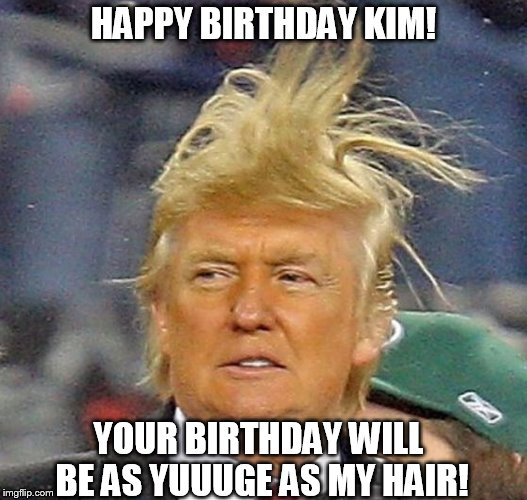 Donald Trump Hair | HAPPY BIRTHDAY KIM! YOUR BIRTHDAY WILL BE AS YUUUGE AS MY HAIR! | image tagged in donald trump hair | made w/ Imgflip meme maker