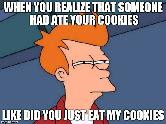 Futurama Fry | WHEN YOU REALIZE THAT SOMEONE HAD ATE YOUR COOKIES; LIKE DID YOU JUST EAT MY COOKIES | image tagged in memes,futurama fry | made w/ Imgflip meme maker