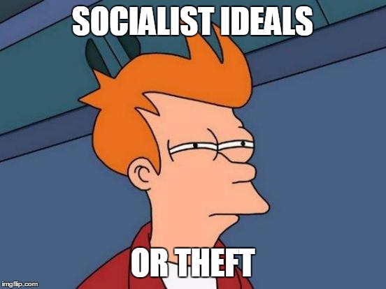 Futurama Fry | SOCIALIST IDEALS; OR THEFT | image tagged in memes,futurama fry | made w/ Imgflip meme maker