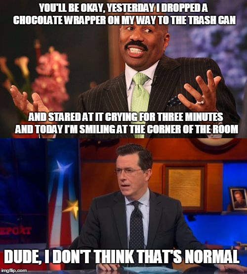 trying to encourage my friends and the reason why I wasn't here yesterday comes out | YOU'LL BE OKAY, YESTERDAY I DROPPED A CHOCOLATE WRAPPER ON MY WAY TO THE TRASH CAN; AND STARED AT IT CRYING FOR THREE MINUTES AND TODAY I'M SMILING AT THE CORNER OF THE ROOM; DUDE, I DON'T THINK THAT'S NORMAL | image tagged in speechless | made w/ Imgflip meme maker
