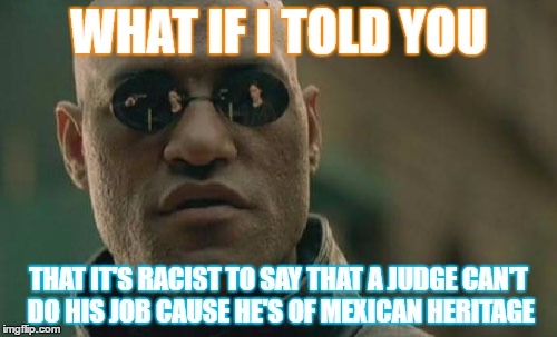Matrix Morpheus | WHAT IF I TOLD YOU; THAT IT'S RACIST TO SAY THAT A JUDGE CAN'T DO HIS JOB CAUSE HE'S OF MEXICAN HERITAGE | image tagged in memes,matrix morpheus | made w/ Imgflip meme maker