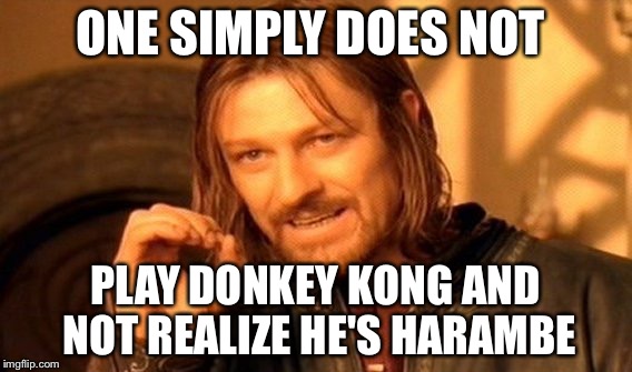 One Does Not Simply Meme | ONE SIMPLY DOES NOT PLAY DONKEY KONG AND NOT REALIZE HE'S HARAMBE | image tagged in memes,one does not simply | made w/ Imgflip meme maker