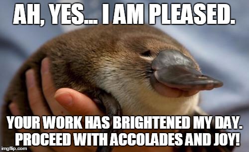 Platypus | AH, YES... I AM PLEASED. YOUR WORK HAS BRIGHTENED MY DAY.  PROCEED WITH ACCOLADES AND JOY! | image tagged in platypus | made w/ Imgflip meme maker