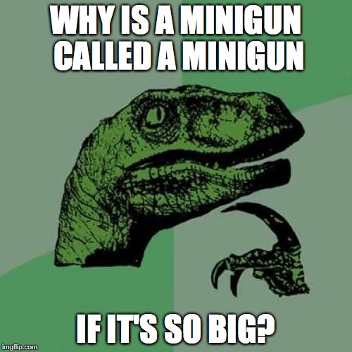 Philosoraptor Meme | WHY IS A MINIGUN CALLED A MINIGUN; IF IT'S SO BIG? | image tagged in memes,philosoraptor | made w/ Imgflip meme maker