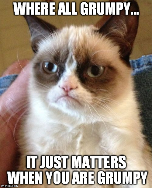 Grumpy Cat Meme | WHERE ALL GRUMPY... IT JUST MATTERS WHEN YOU ARE GRUMPY | image tagged in memes,grumpy cat | made w/ Imgflip meme maker