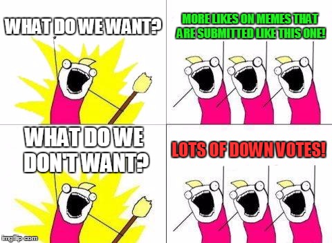 What Do We Want | WHAT DO WE WANT? MORE LIKES ON MEMES THAT ARE SUBMITTED LIKE THIS ONE! WHAT DO WE DON'T WANT? LOTS OF DOWN VOTES! | image tagged in memes,what do we want | made w/ Imgflip meme maker
