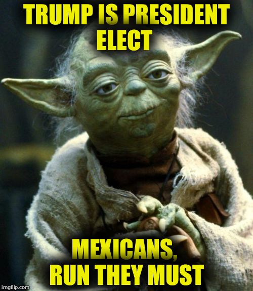 Star Wars Yoda | TRUMP IS PRESIDENT ELECT; MEXICANS,  RUN THEY MUST | image tagged in memes,star wars yoda | made w/ Imgflip meme maker