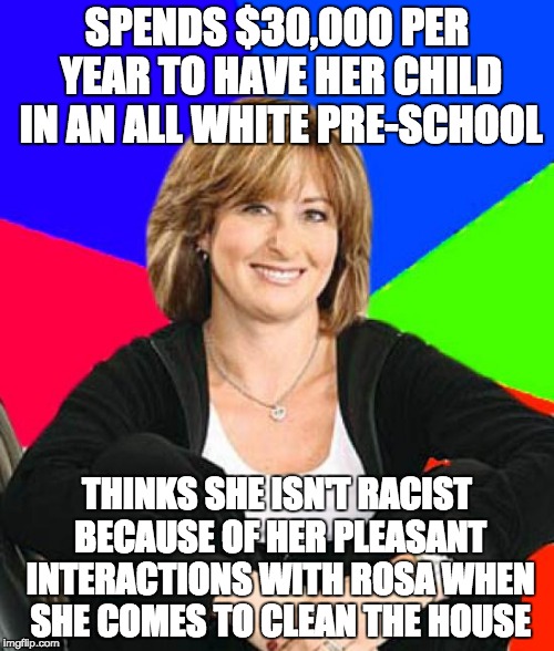 This one could apply to either Republicans or Democrats in Washington DC. | SPENDS $30,000 PER YEAR TO HAVE HER CHILD IN AN ALL WHITE PRE-SCHOOL; THINKS SHE ISN'T RACIST BECAUSE OF HER PLEASANT INTERACTIONS WITH ROSA WHEN SHE COMES TO CLEAN THE HOUSE | image tagged in memes,sheltering suburban mom | made w/ Imgflip meme maker